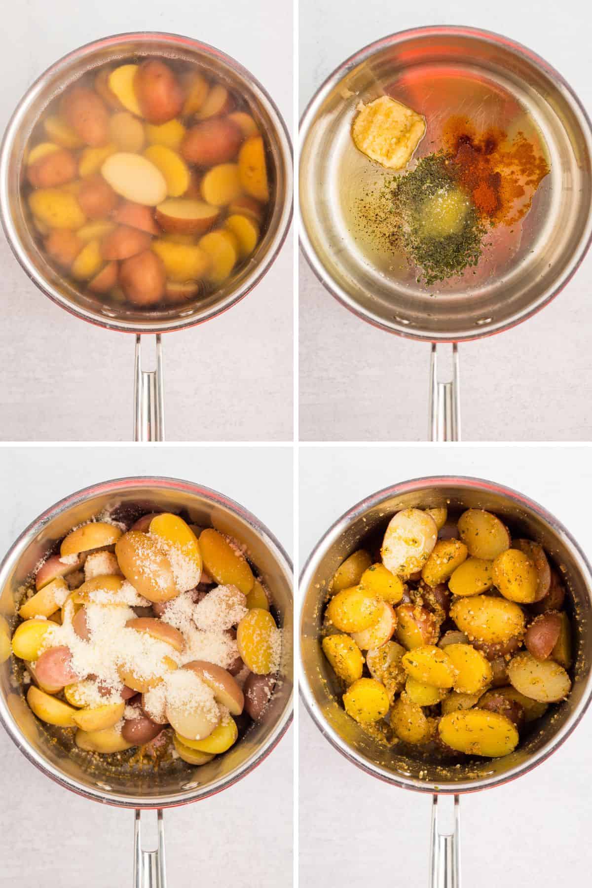 4 photos showing the process of making garlic parmesan roasted potatoes.