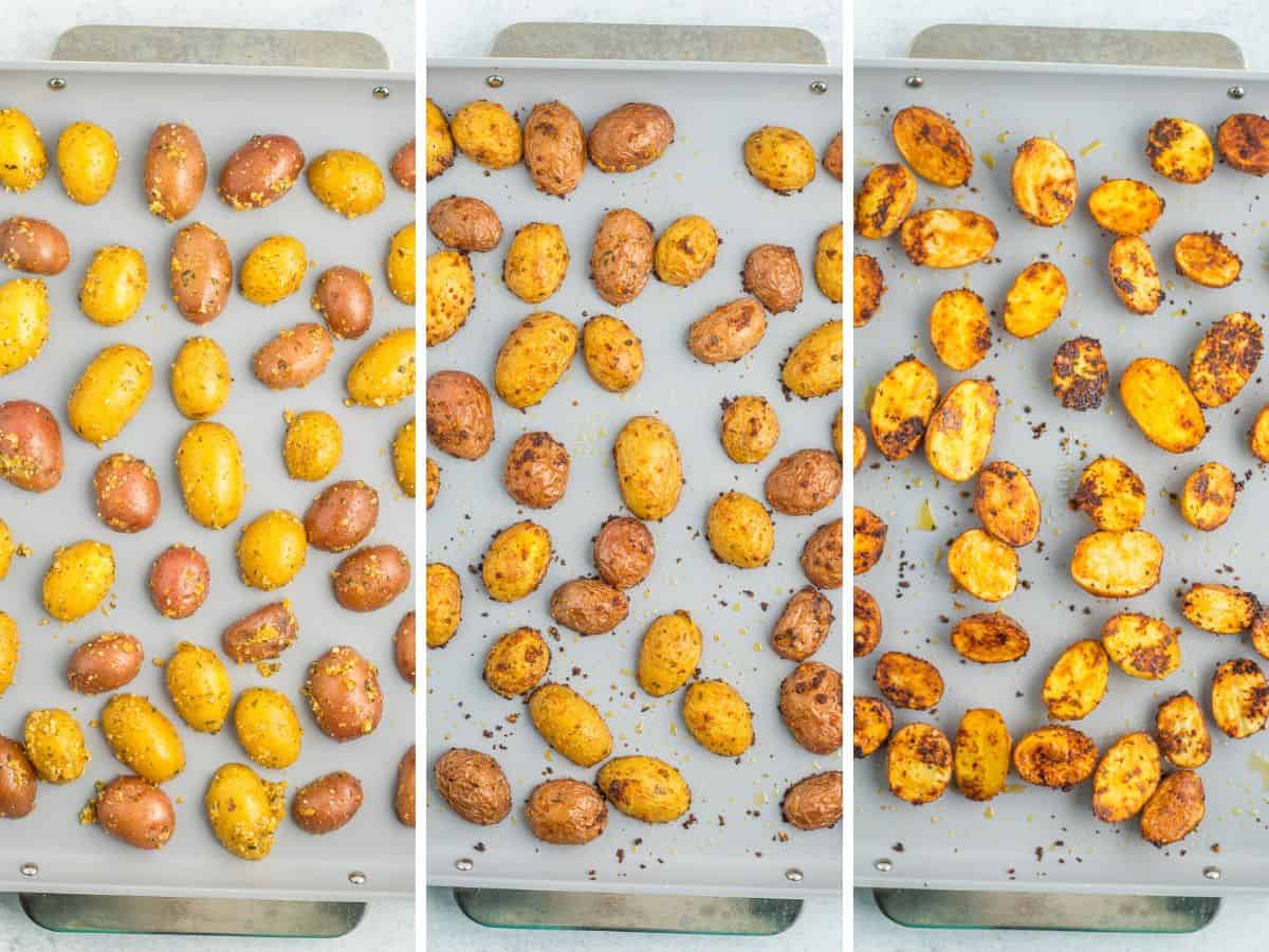 3 photos showing the process of making garlic parmesan roasted potatoes.