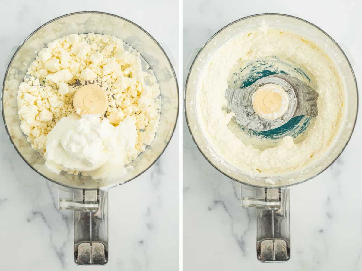2 photos showing the process of making Mediterranean dip in a food processor.