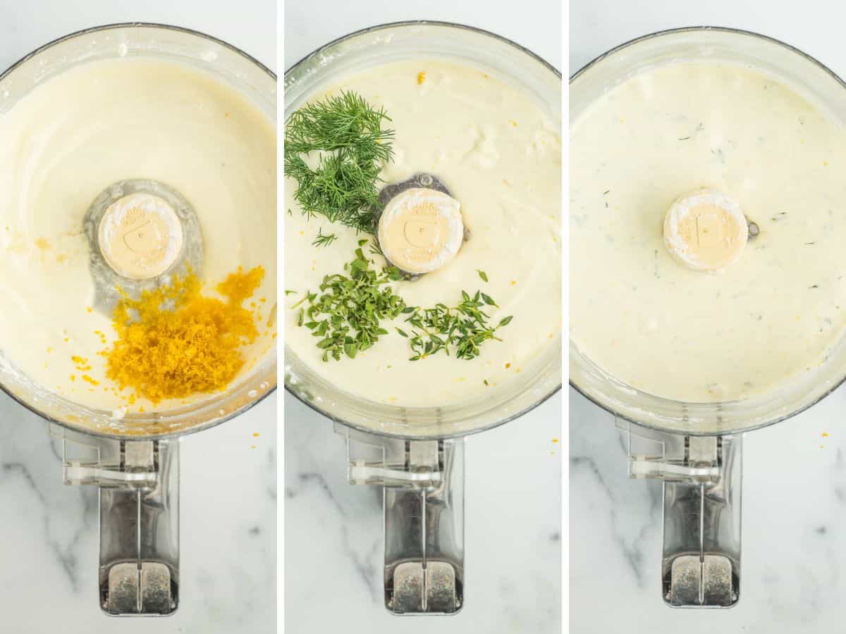 3 photos showing the process of making Mediterranean dip in a food processor.