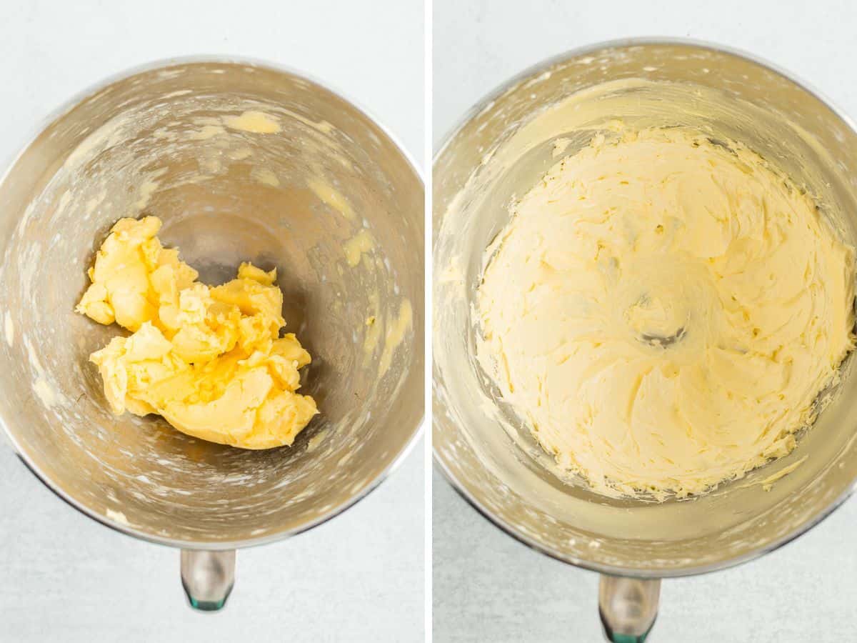 2 photos showing how to whip butter in a stand mixer.