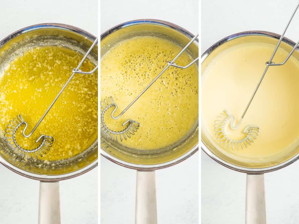 3 photos showing how to make a garlic cream sauce.