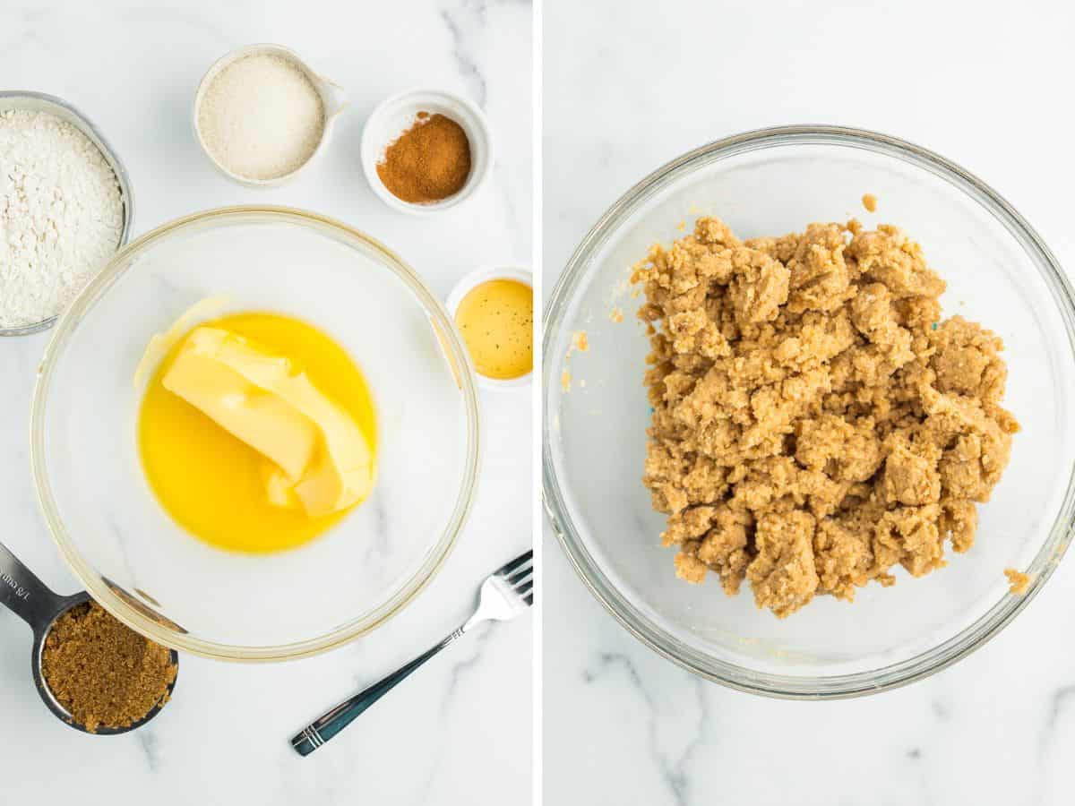 two photos - one of butter and ingredients on a marbled board, and one of a crisp topping mixed in a glass bowl.