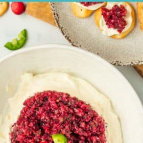 a bowl of cream cheese dip topped with chopped cranberries.