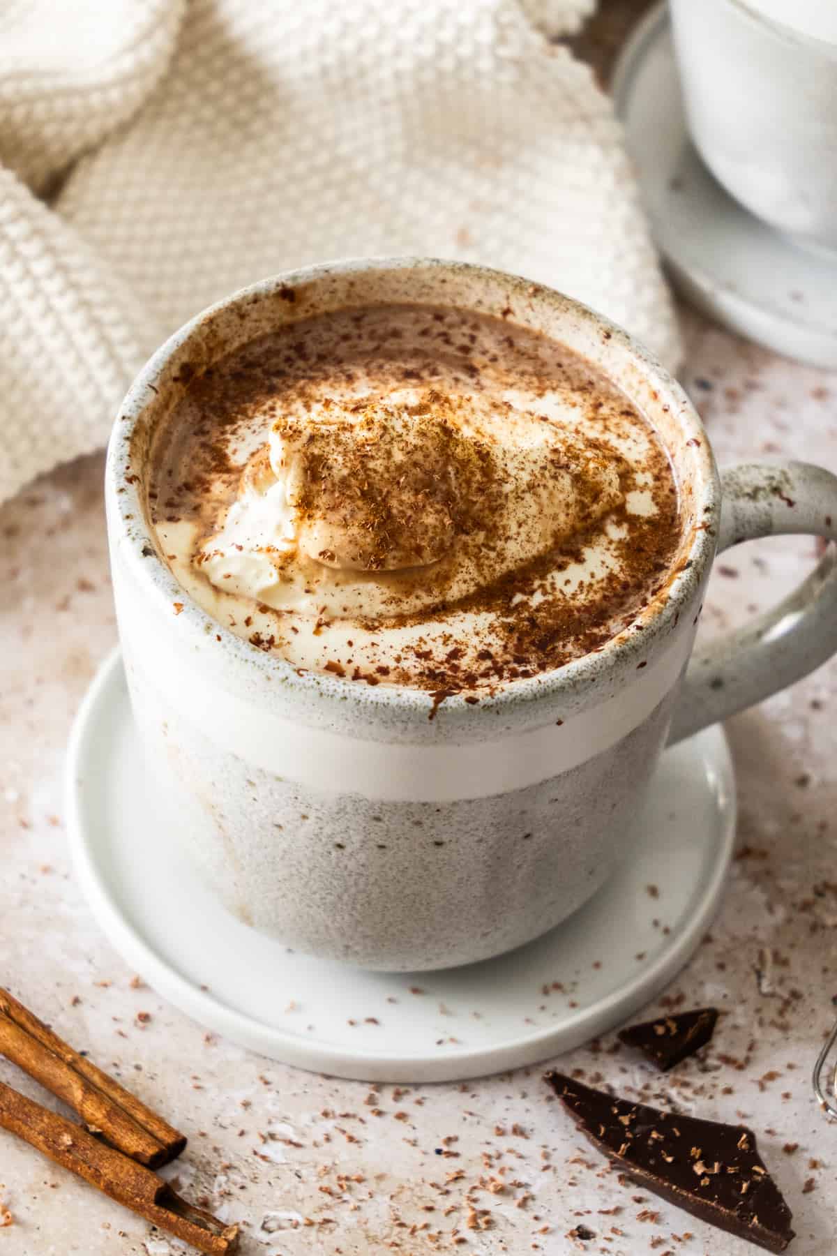 a grey speckled mug of slow cooker hot chocolate topped with whipped cream and cocoa.