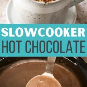 a ladle of hot chocolate being poured into a slow cooker.