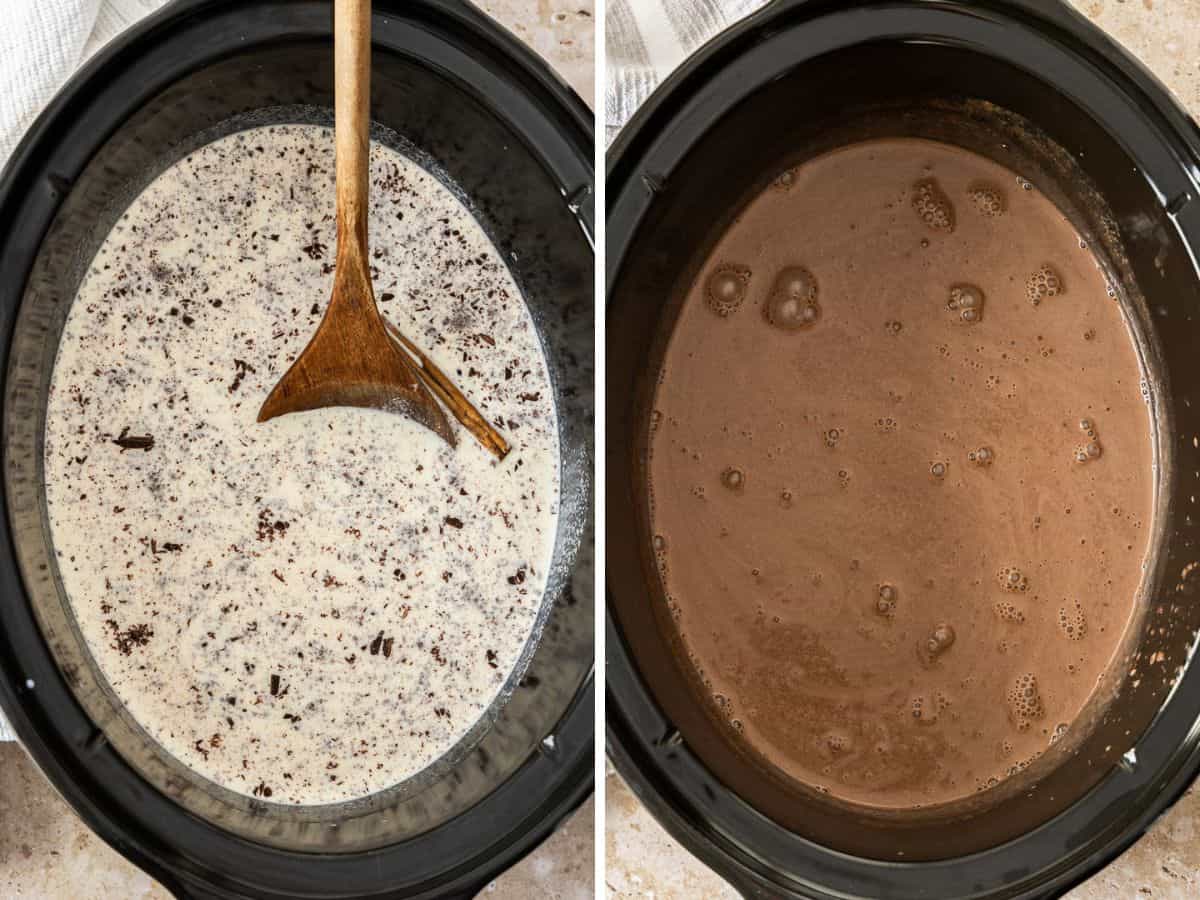 2 photos showing the process of making cocoa in a slowcooker.