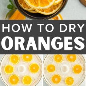 4 photos showing the process of drying oranges on a dehydrator.