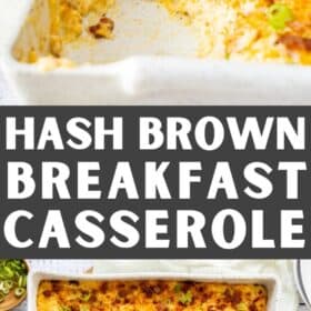 A hashbrown breakfast casserole topped with bacon and sliced green onions in a white baking dish.