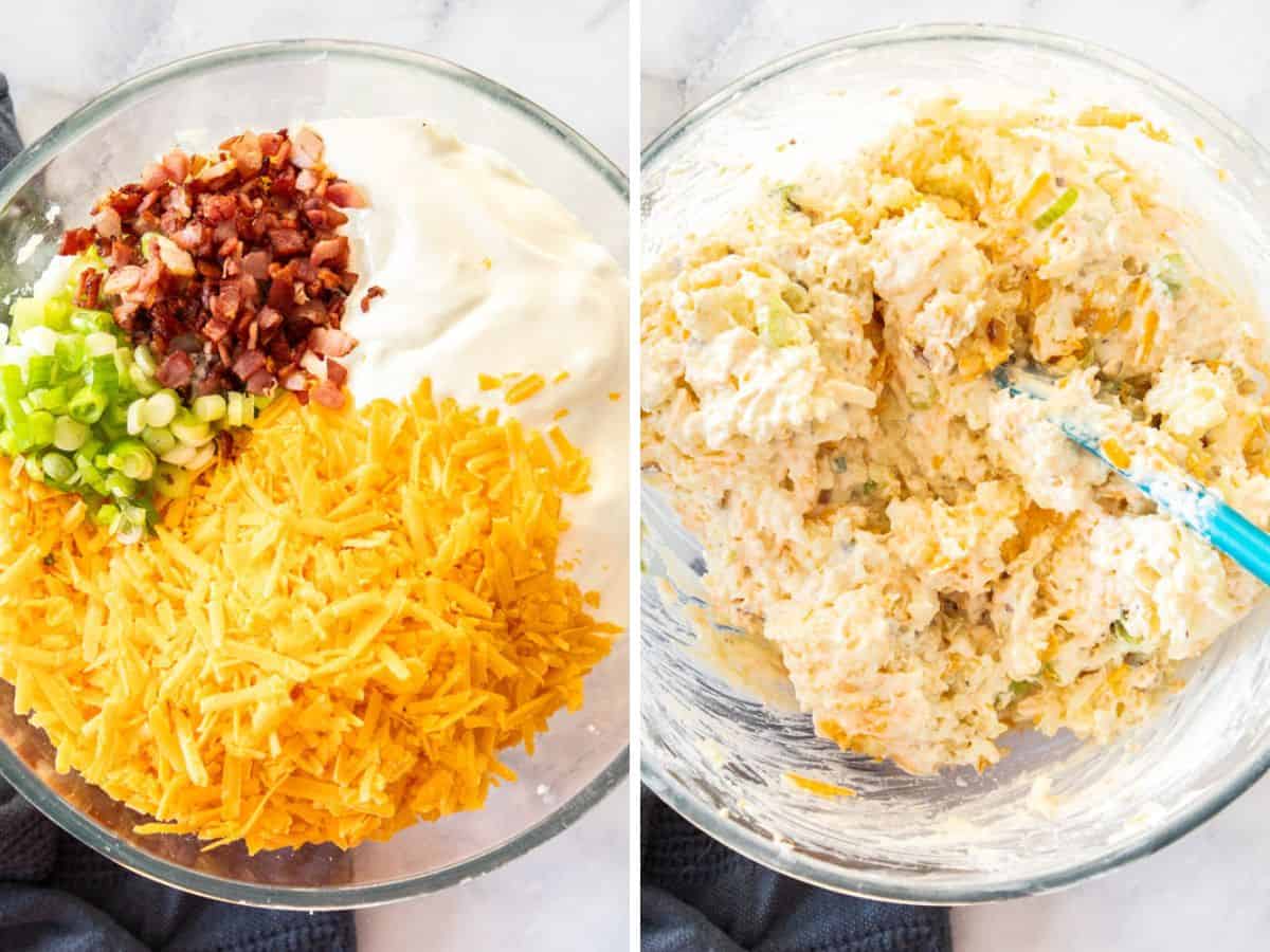 two bowls showing ingredients being mixed for a shredded potato bake.
