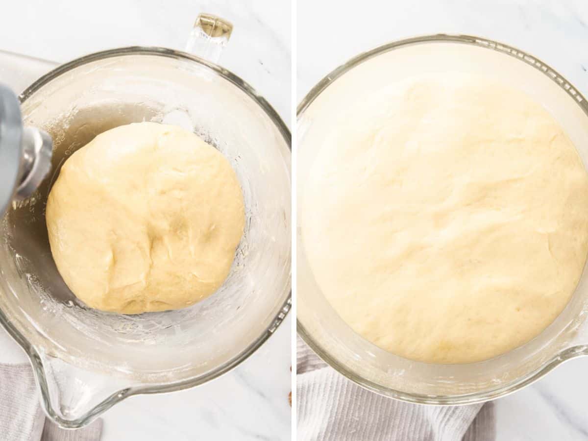 2 photos showing dough rising in a stand mixer bowl.