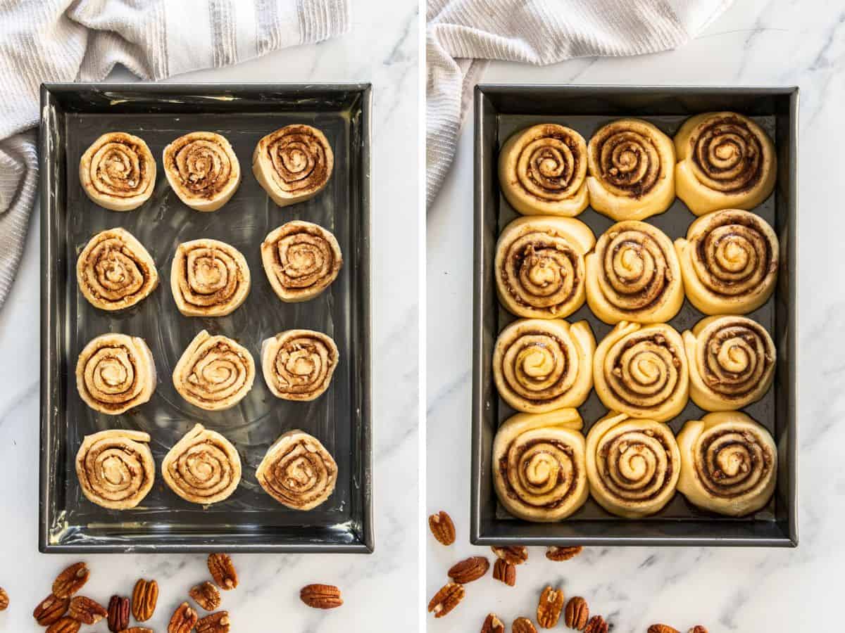 2 photos showing the process of making sticky buns.