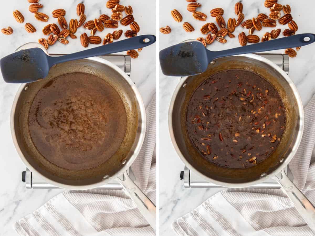 2 photos showing the process of making pecan butterscotch.