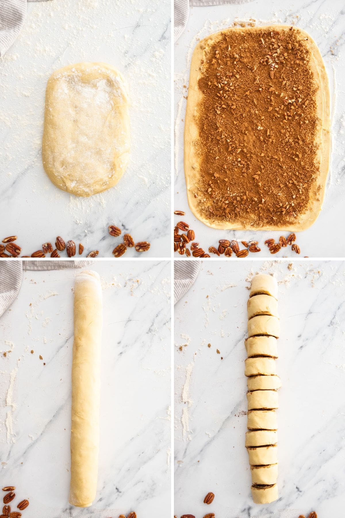 4 photos showing the process of making sticky buns.