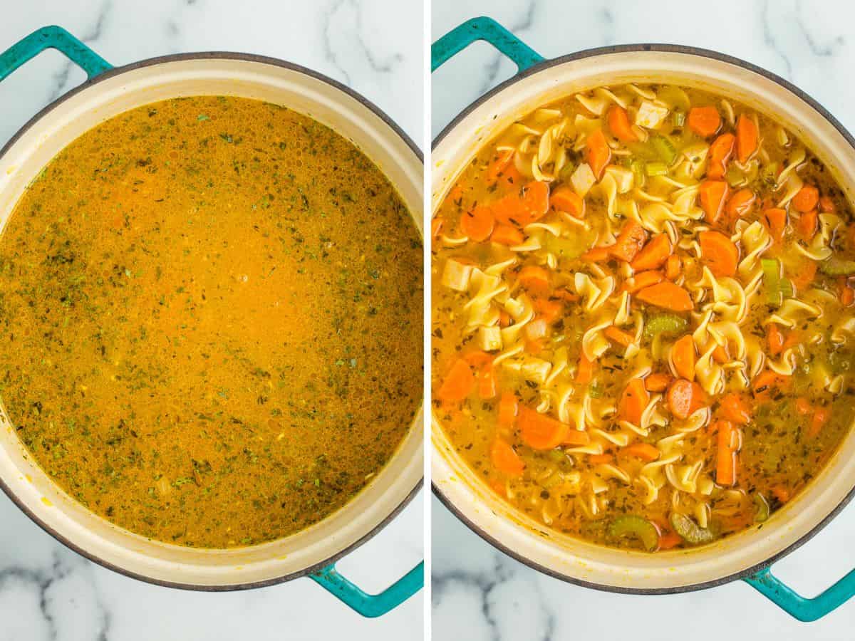 two photos of a cast iron casserole dish cooking soup.