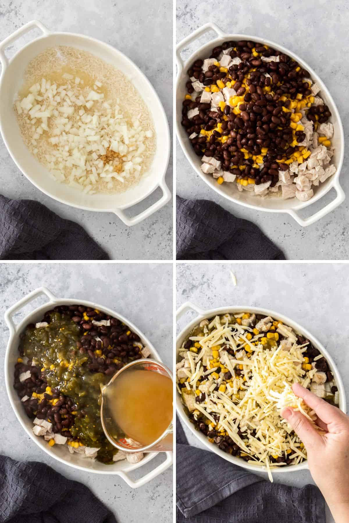 4 photos showing the process of making turkey casserole.
