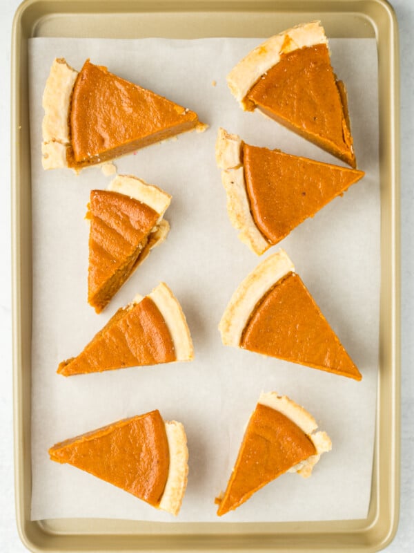 slices of pie on a baking sheet.