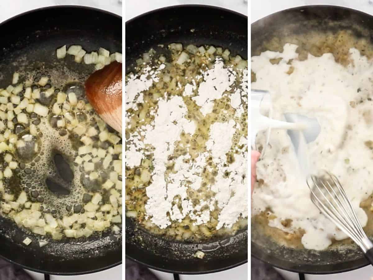 3 photos showing the process of making an onion butter sauce in a pan.