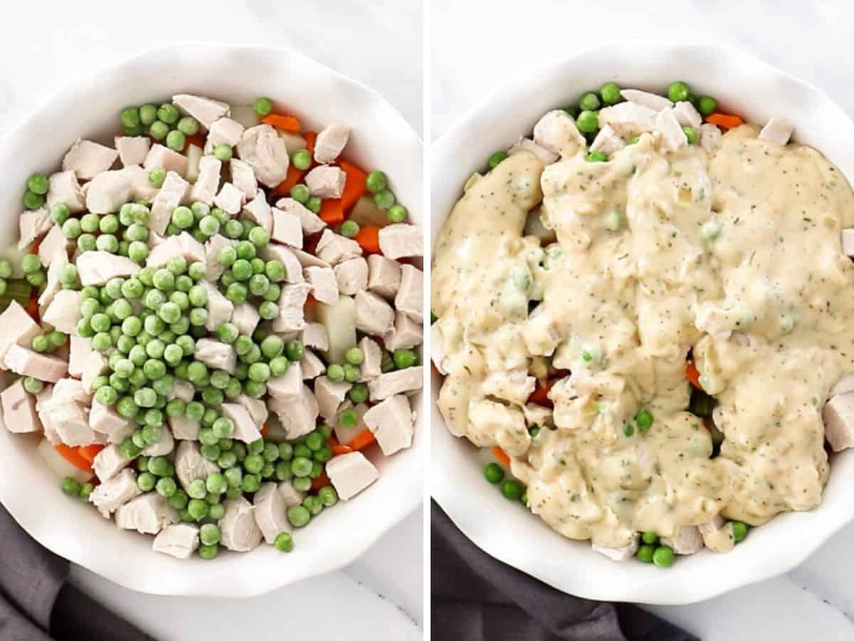 2 photos showing an uncooked turkey pot pie in a pie plate.