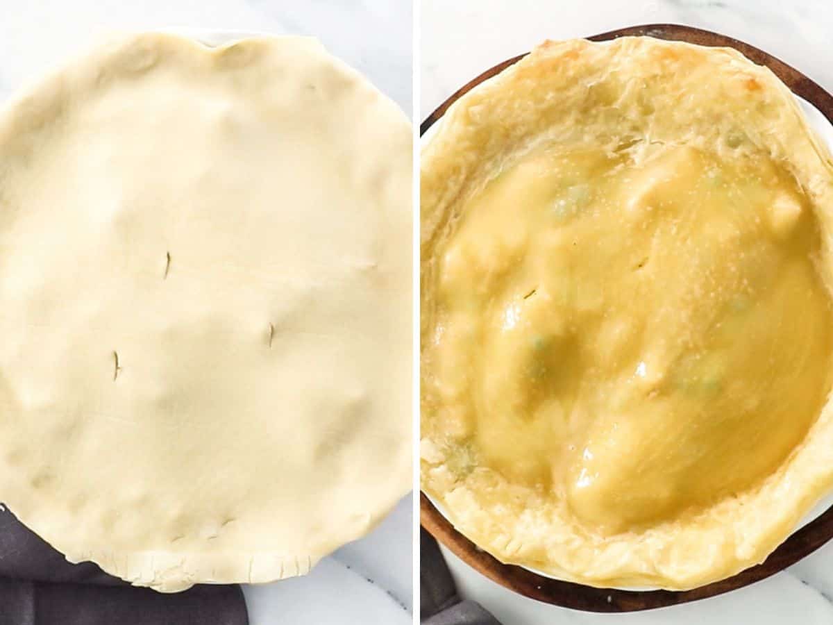 2 photos showing a pie plate topped with puff pastry.