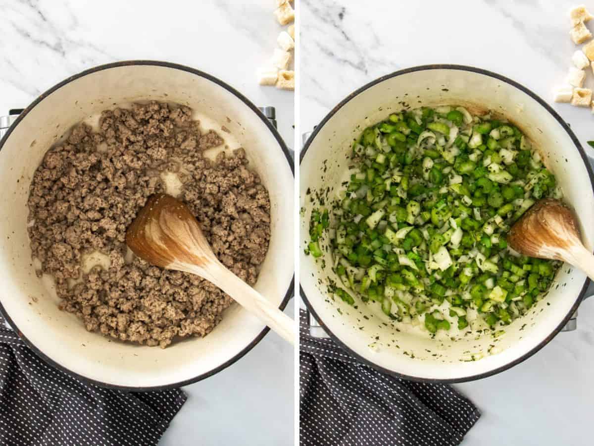 2 photos showing pork mince and veggies being cooked in a cast iron casserole dish.