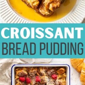 a white casserole dish with croissant bread pudding topped with powdered sugar and raspberries.