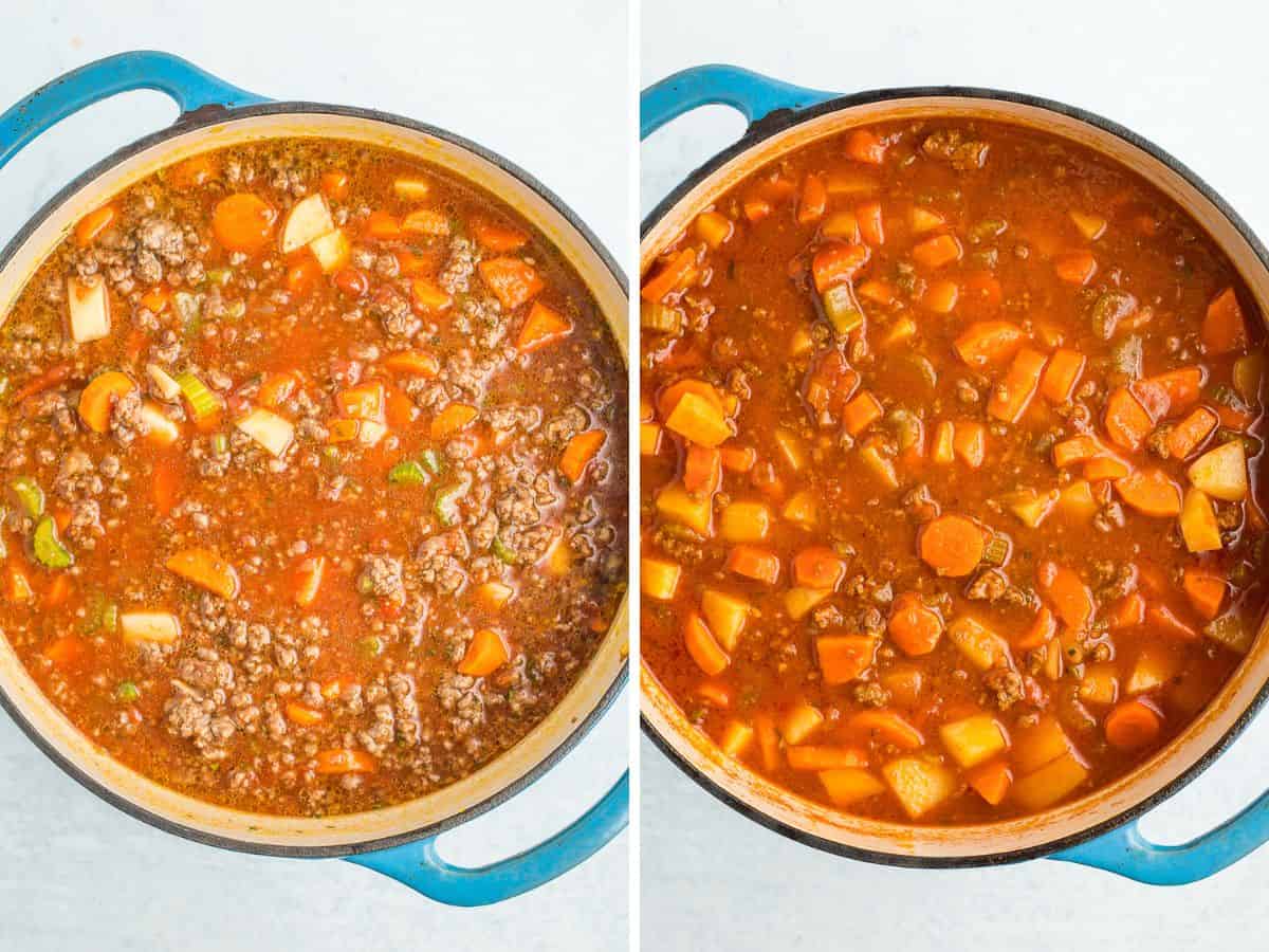 two photos showing how to make hamburger soup.