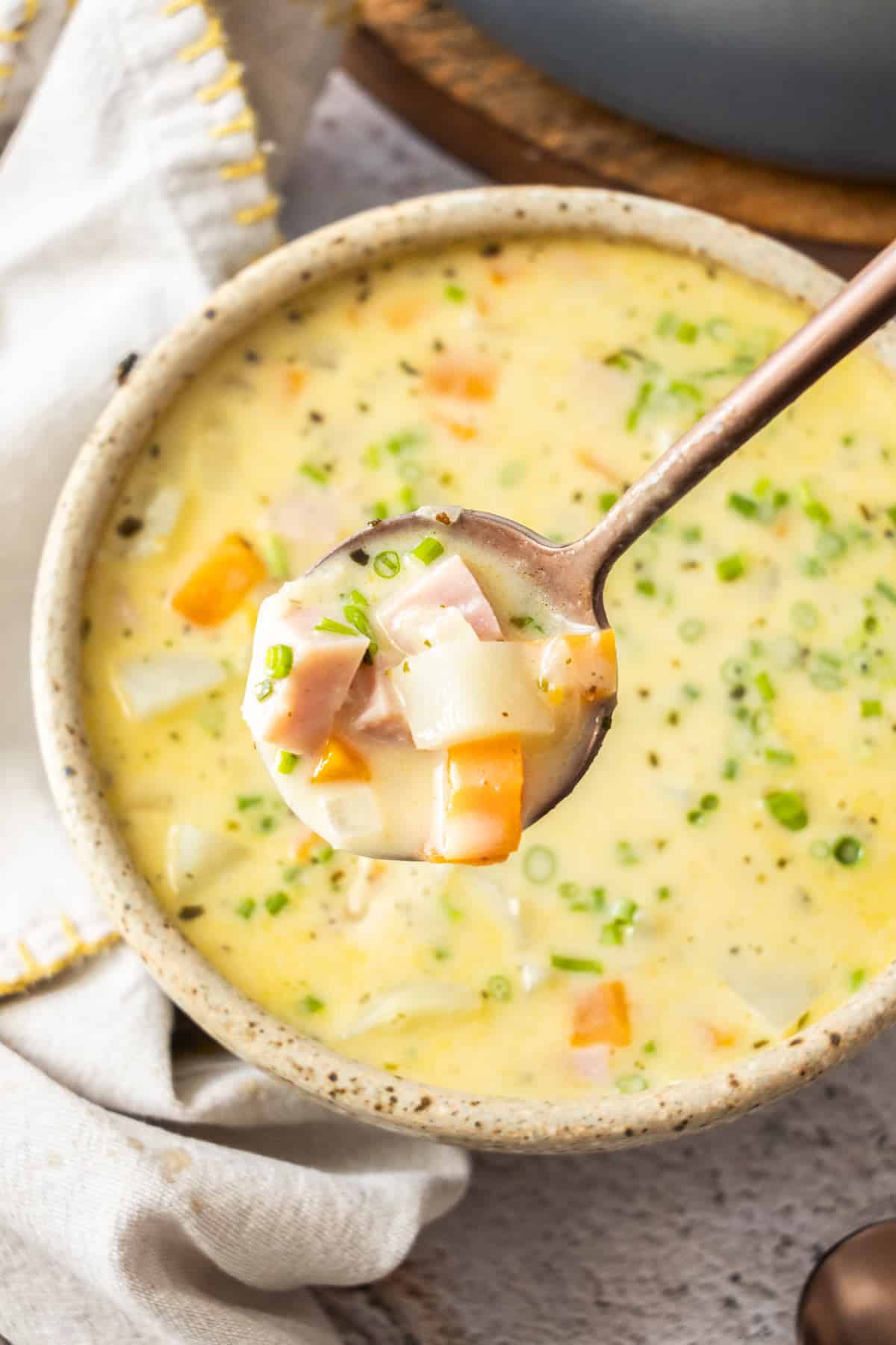 a bowl of ham chowder with a spoonful hovering above it.