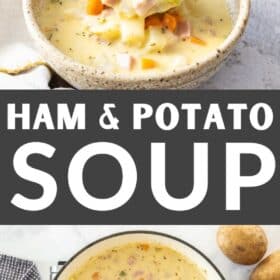 a large stockpot of ham and potato soup with a wooden spoon in it.