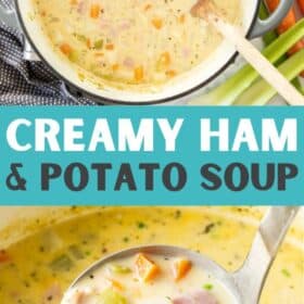 a large stockpot of ham and potato soup with a wooden spoon in it.