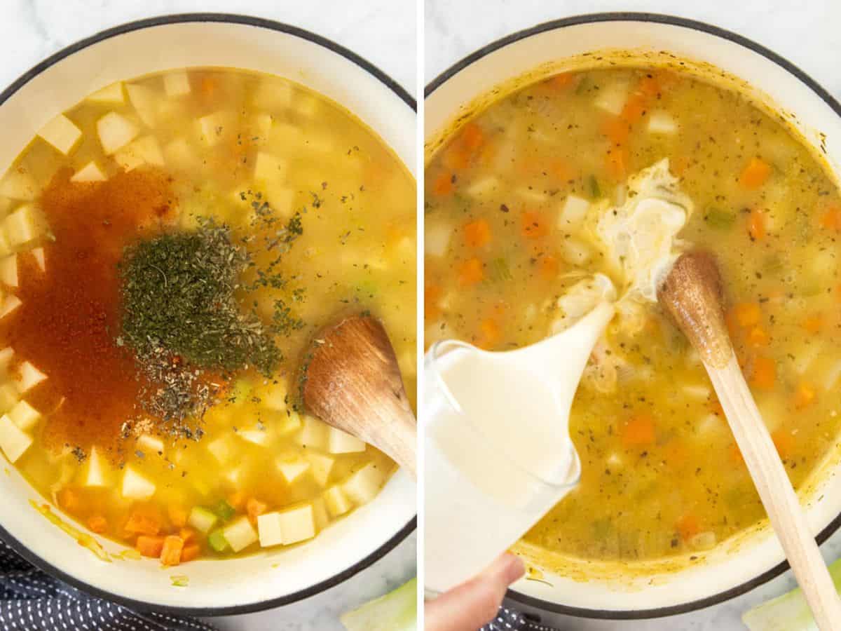2 photos showing the process of making ham chowder in a large stockpot.