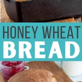 two loaves of honey wheat bread in cast iron bread pans.