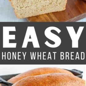 two loaves of honey wheat bread in cast iron bread pans.