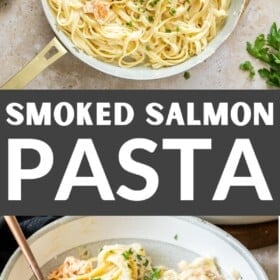 a white skillet with creamy smoked salmon pasta topped with chopped parsley.