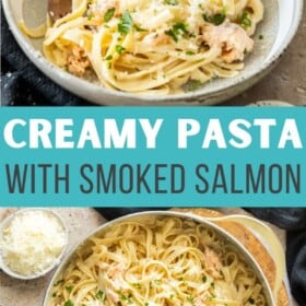 a white skillet with creamy smoked salmon pasta topped with chopped parsley.