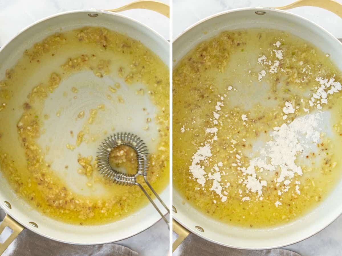 2 photos showing how to make a creamy pasta.