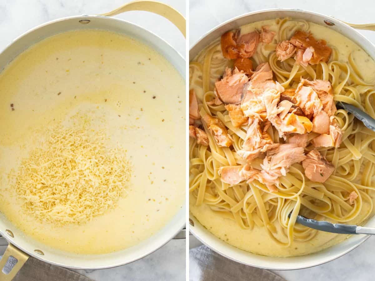 2 photos showing how to make a creamy pasta.