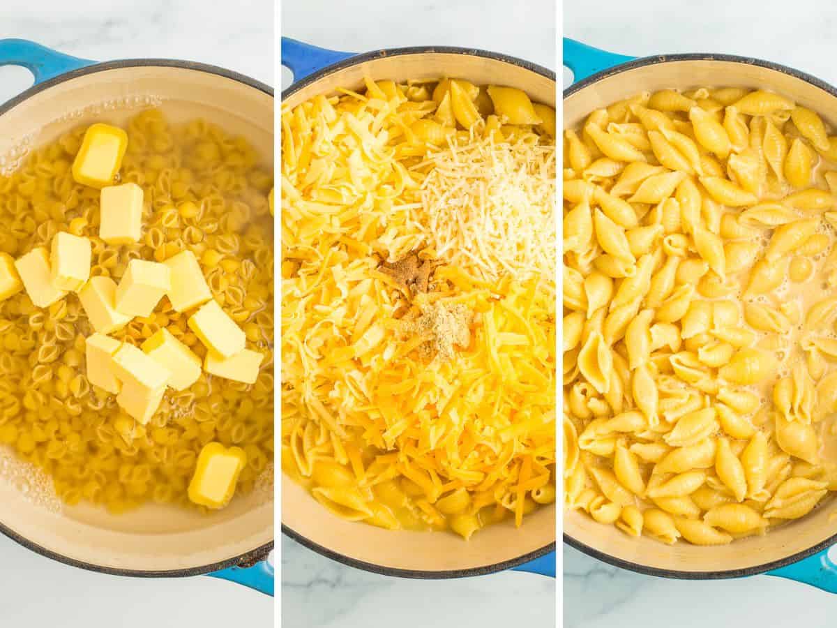 3 photos showing the process of making macaroni and cheese on the stovetop.