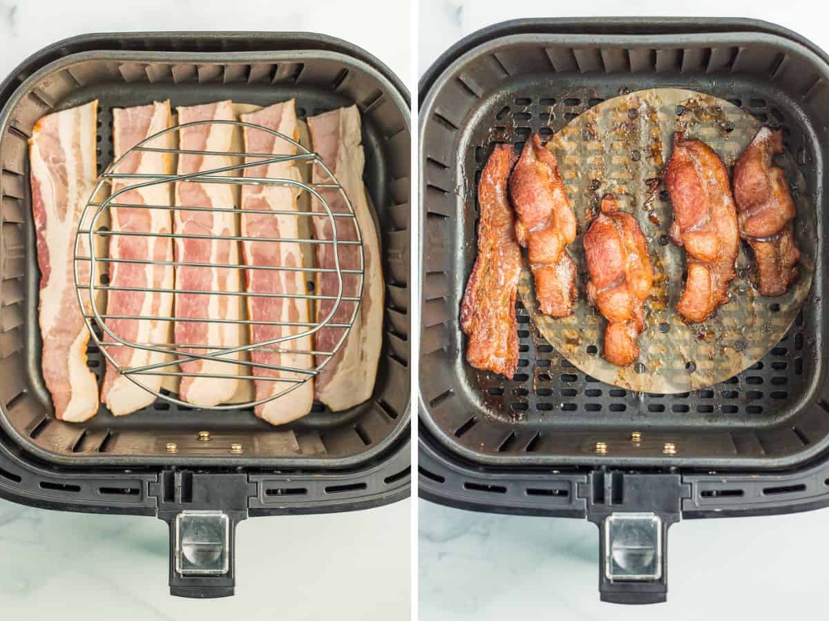 two photos showing the process of cooking bacon in an air fryer.
