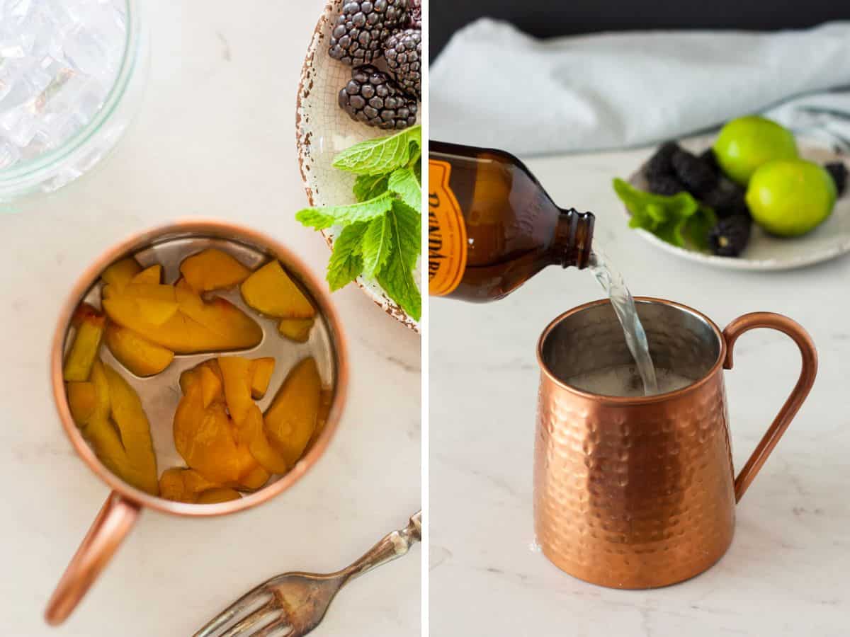 Two photos showing the process of making a moscow mule mocktail in a copper mug.