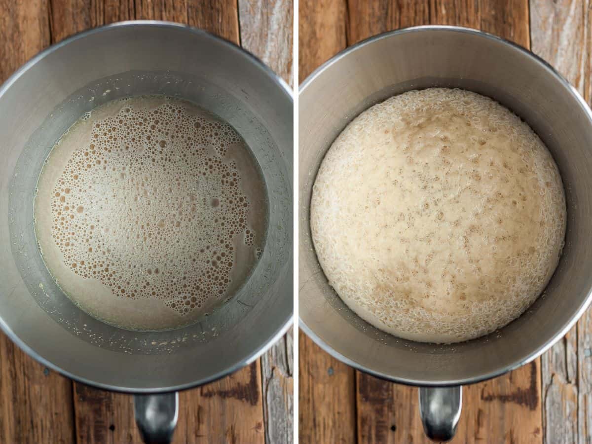 two photos showing the process of proofing yeast.