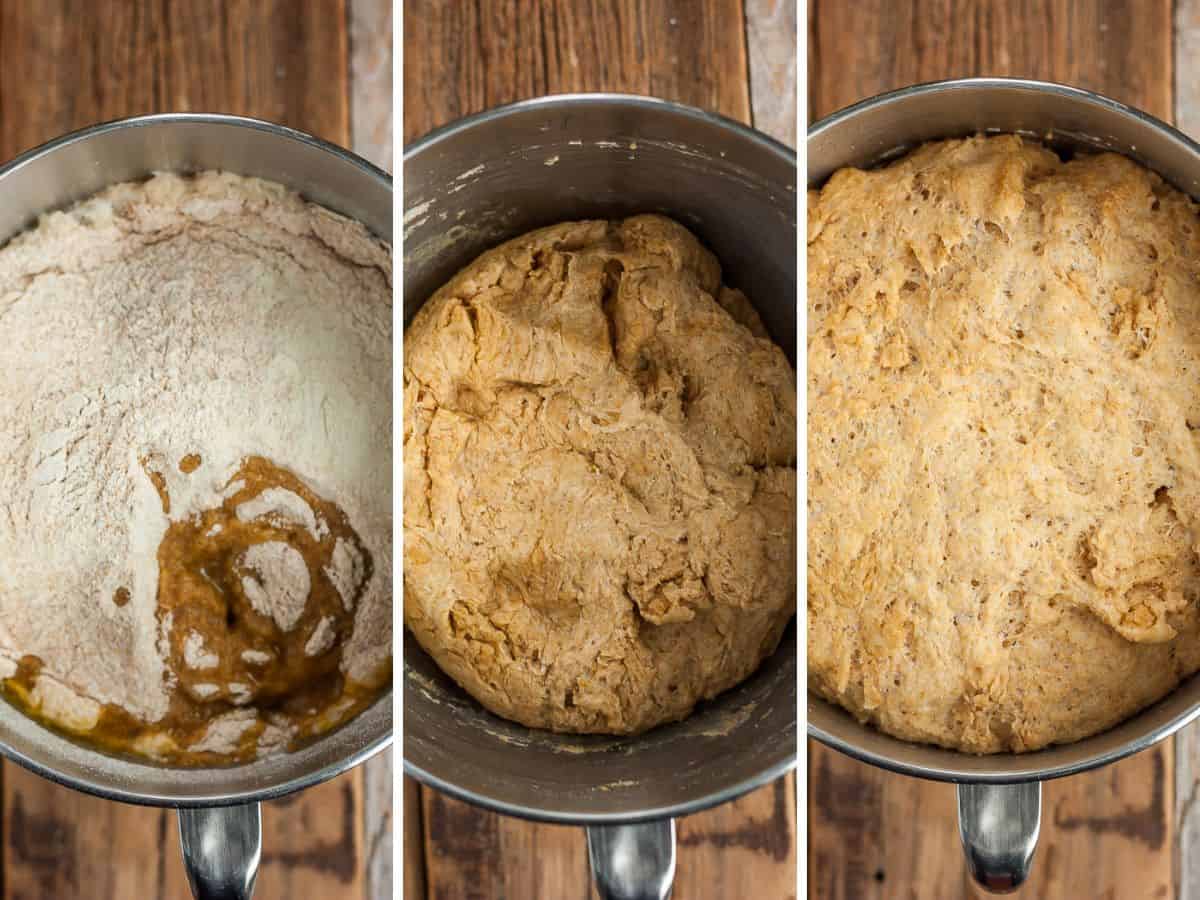3 photos showing the process of making bread dough in a stand mixer.