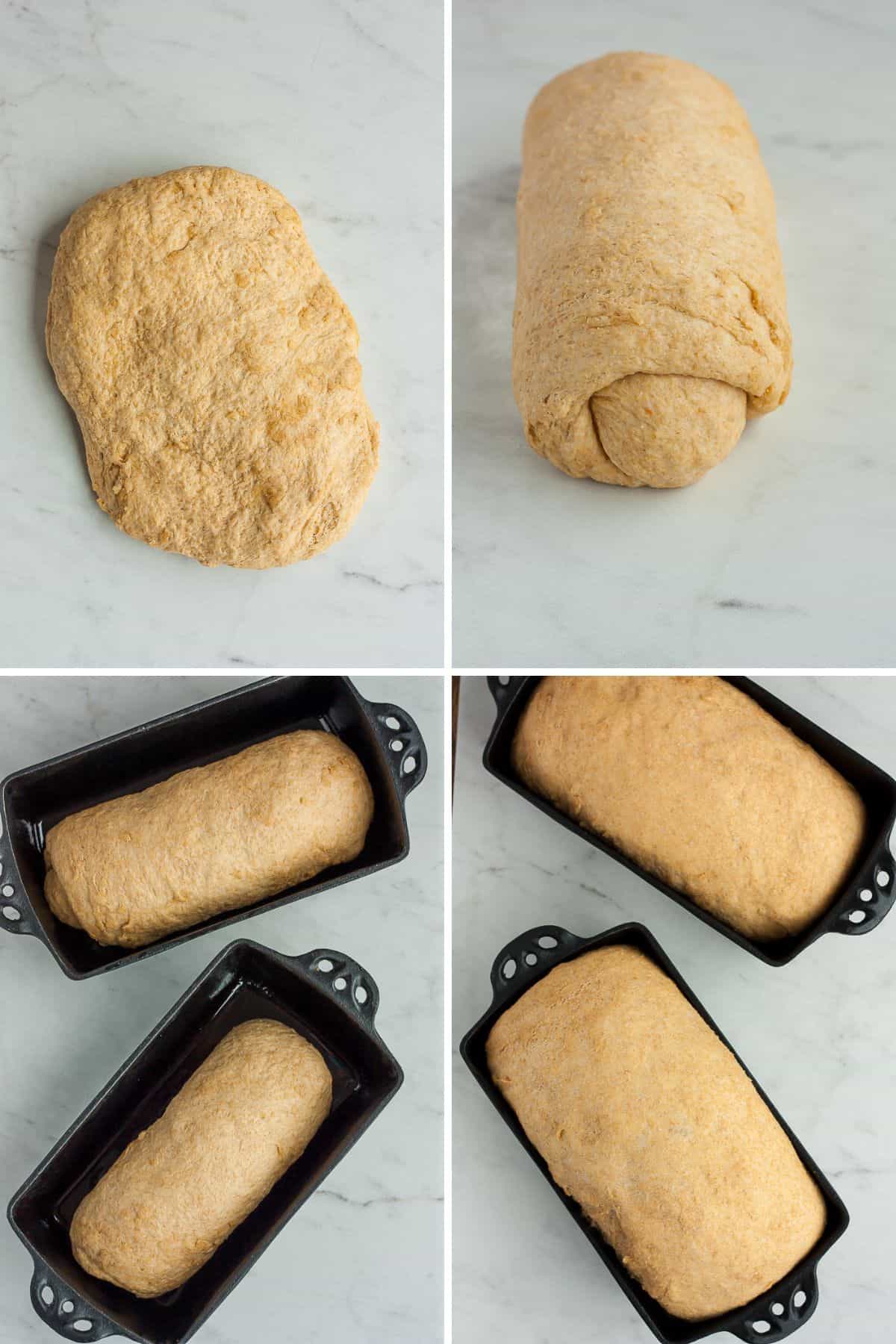 4 photos showing how to roll and bake whole wheat bread dough.