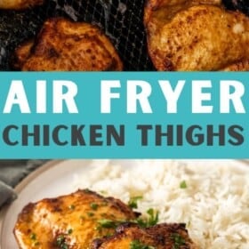 air fryer boneless chicken thighs on a bed of rice.
