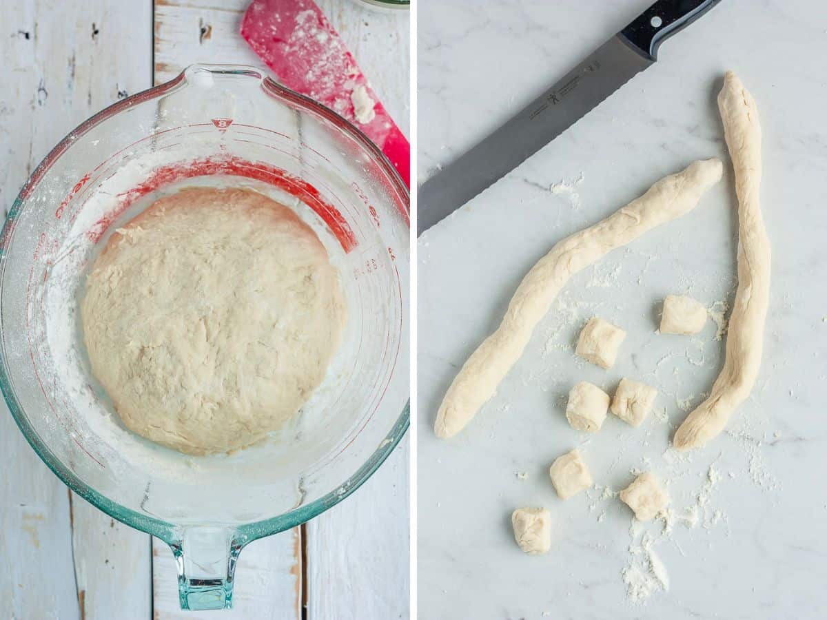 two photos showing how to make and roll dough.