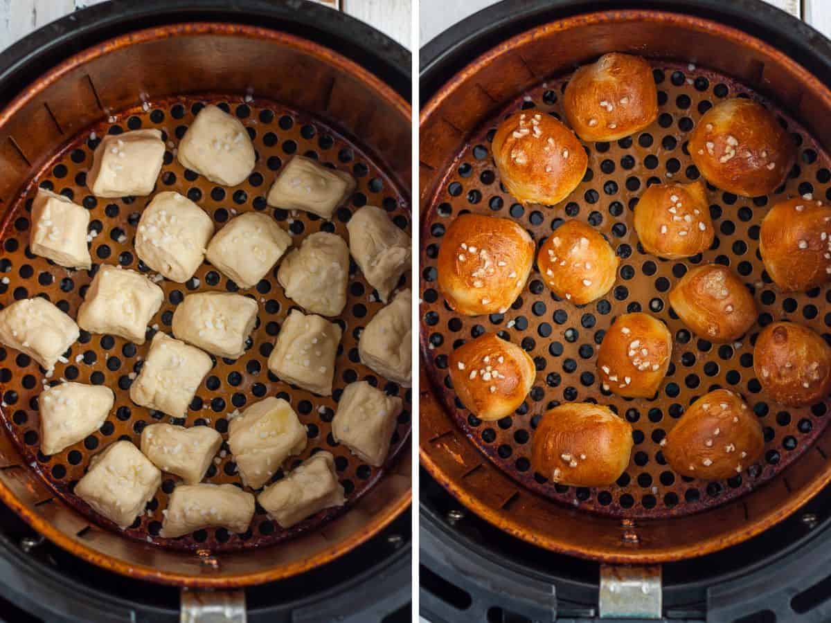 two photos showing the process of cooking pretzel dough.