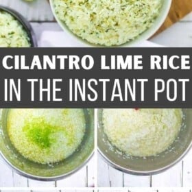 a white bowl of instant pot cilantro lime rice on a wooden board.