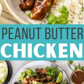 a grey plate of grilled peanut butter chicken topped with cilantro and lime wedges near bowls of peanut sauce and rice.