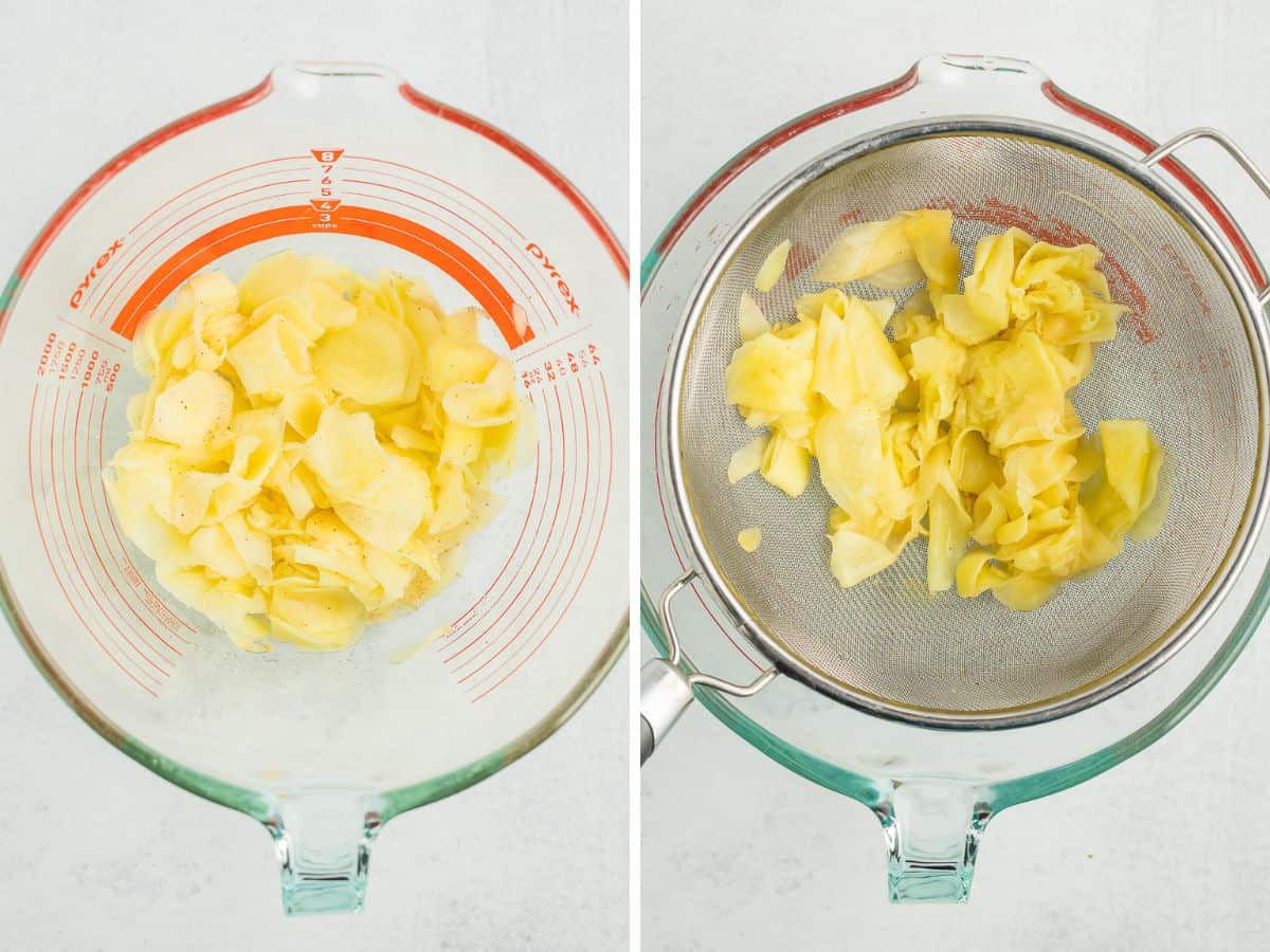 two photos showing the process of salting and rinsing sliced ginger.