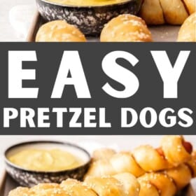 pretzel dogs on a tray.